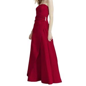 Davids Bridal Strapless Bridesmaid Gown Side Drape Brooch Apple Red #8567 Satin